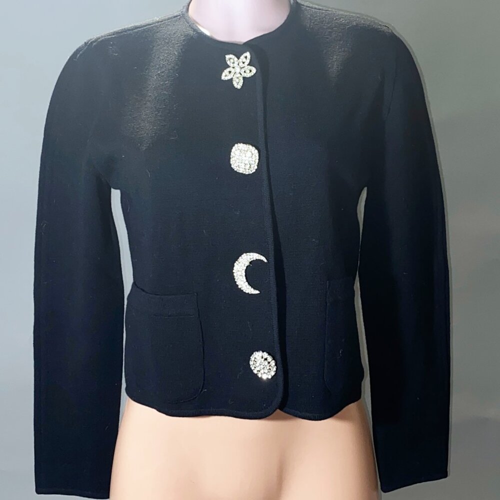 Rare Vintage 80s Black Woven Cropped Jacket with Sequined Buttons Size XS-S
